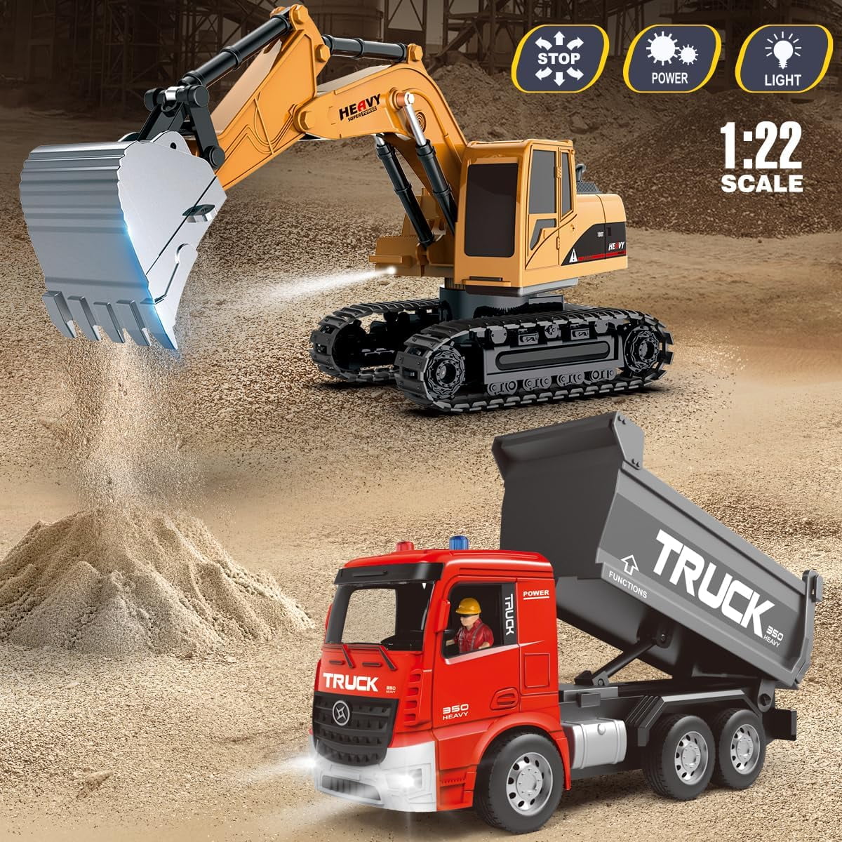 Remote Control Excavator Transporter Playset, RC Dump Truck with Crane, Electronic Construction Vehicles Toy for Boys Kids