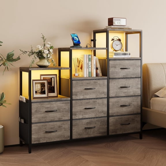 Dresser for Bedroom, 9 Drawer Dresser with LED Lights & Charging Station, 52'' Chest of Drawers with 9 Fabric Drawers, 6 Open Shelves and Side Pockets for Living Room, Hallway, Grey