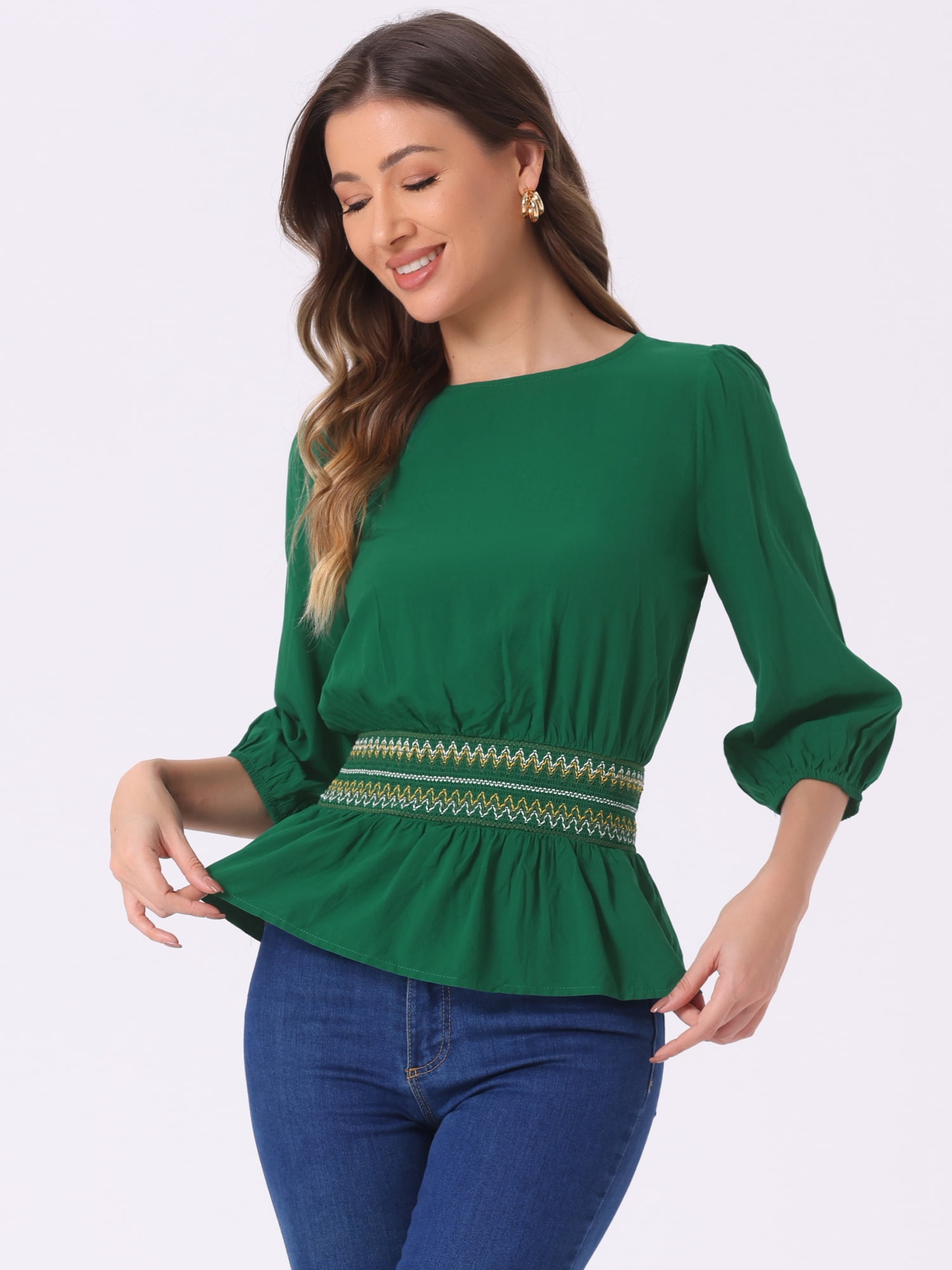 DARING DIVA Women's Peplum Puff Half Sleeve Smocked Waist Blouses M Green