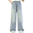 thumbnail image 3 of RUTAYY Children Girls' Pants Fashion Cute Personality Elastic Waist Wide Leg Jeans Pockets Elegant Stylish Pants, Light Blue, 8-10 Years, 3 of 9