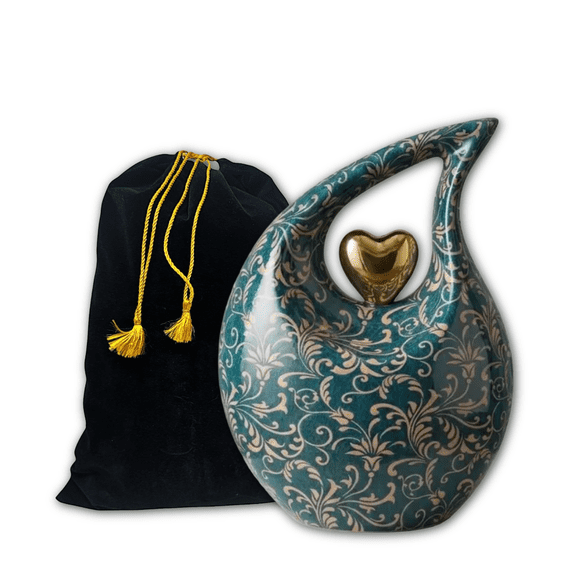 Teardrop Cremation Urns for Human Ashes Adult Female Male - Large 10.5" Blue Damask Ceramic Memorial Urns with Gold Heart, 200 Cubic Inches