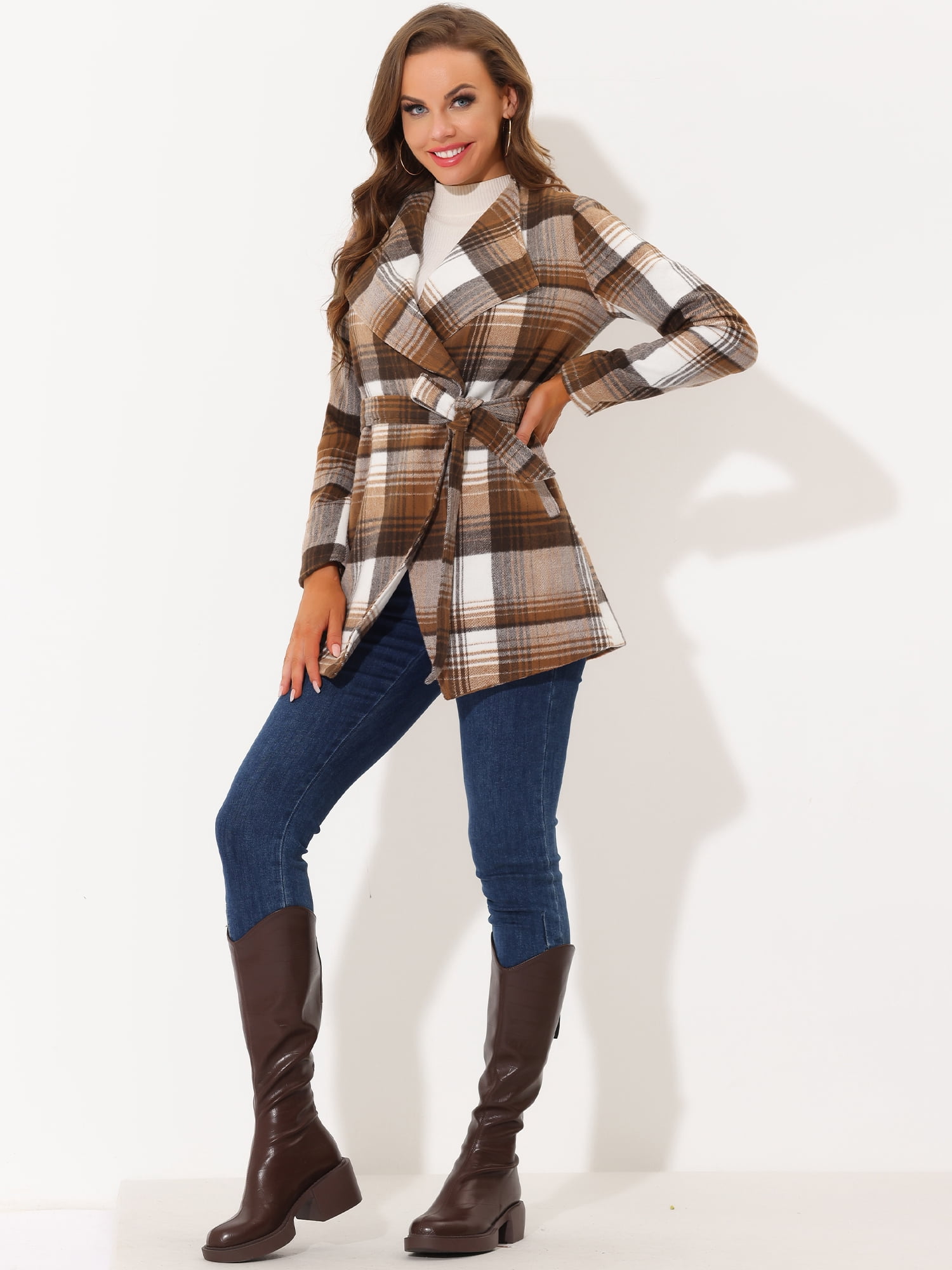 Unique Bargains Women's Shawl Collar Asymmetrical Hem Belted Plaid Coat L Brown
