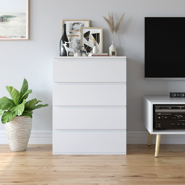 Homfa Commode Blanche à 4 Tiroirs, Meuble de Rangement Moderne pour Chambre, Commode en Bois pour Salon