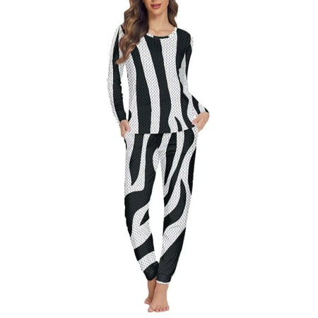 

Renewold Women Nightwear Long Sleeve Shirt Pants Pajama Set White Zebra Stripes Print Sleepwear Pjs Holiday Home Party Clothes Size L
