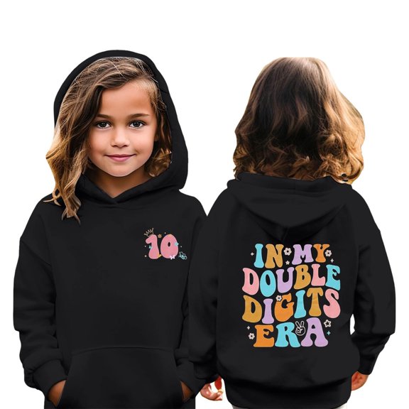 Girls' Fashion Hoodies Cozy Graphic Printed Hooded Long Sleeve Pullover Top with Pocket Back To School Casual Wear Girl's Sweatshirts Black 4 Years-5 Years