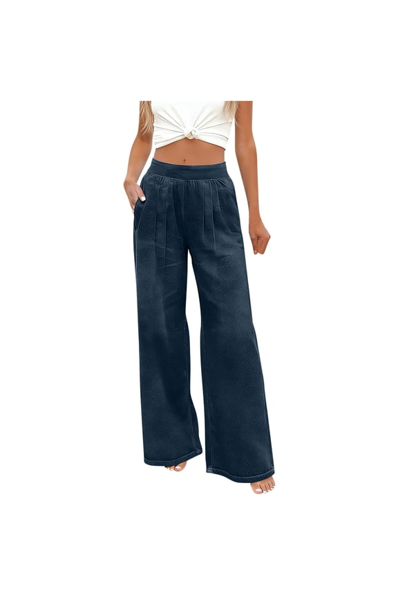 Womens Wide Leg Jeans Mid Rise with Pockets Polyester Lounge Trousers Ankle Length Baggy Wide Leg Casual Pants Dark Blue L