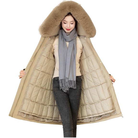 HTNBO Winter Coats for Women Full-Zip Quilted Long down Jackets Thickened Thermal Puffer Outerwear with Fuzzy Hood