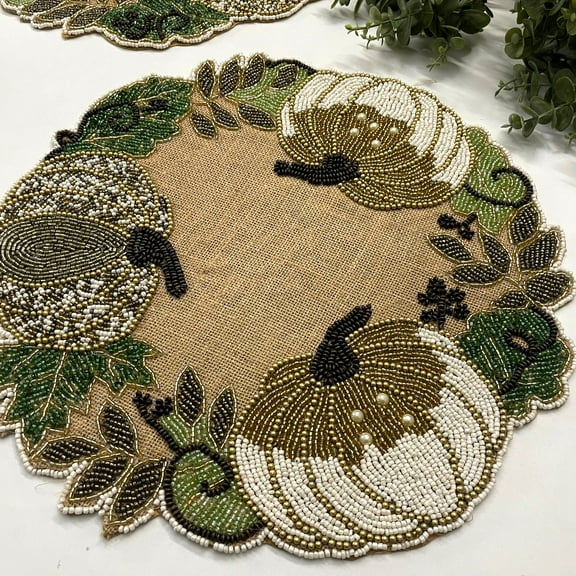 Set of 2, handmade beaded placemat, pumpkin harvest table mat on burlap, farmhouse decor