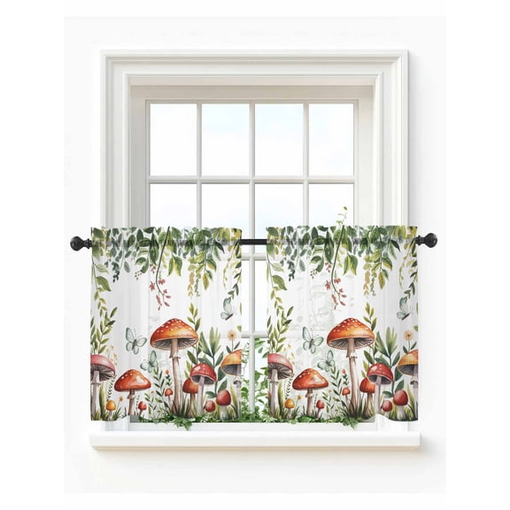 Mushrooms Tier Curtains 36 Inch Length,Sheer Curtains for Bedroom Living Room Window Spring Flowers Leaves Butterflies Botanical Small Half Window Kitchen Curtains & Drapes 27.5"x36" 2 Panels
