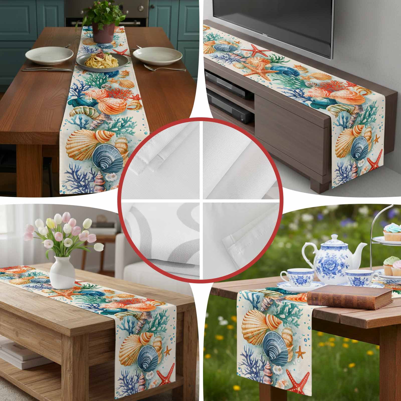 Ocean Starfish Shell Conch Table Runner 90 Inches Long, Sea Coral Underwater World Table Runners Tabletop Scarf Kitchen Dining Tables Decoration for Home Party Indoor Outdoor