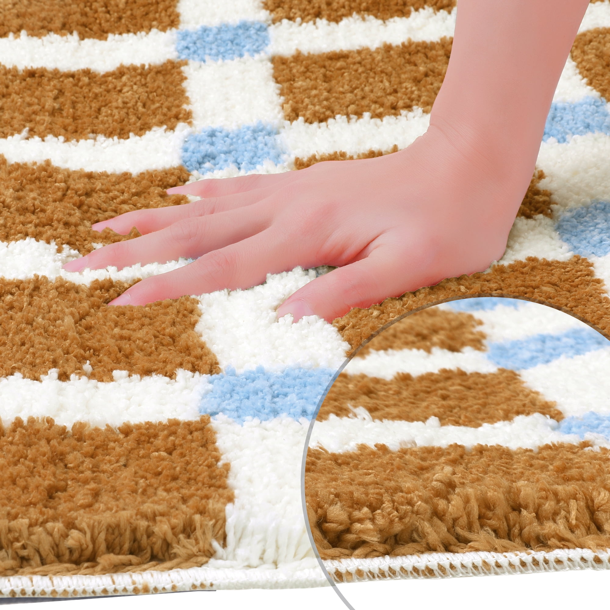 Unique Bargains 2 Pcs Checkered Absorbent Non Slip Bath Mats Soft Fluffy Bathroom Rugs Brown 20" x 32"