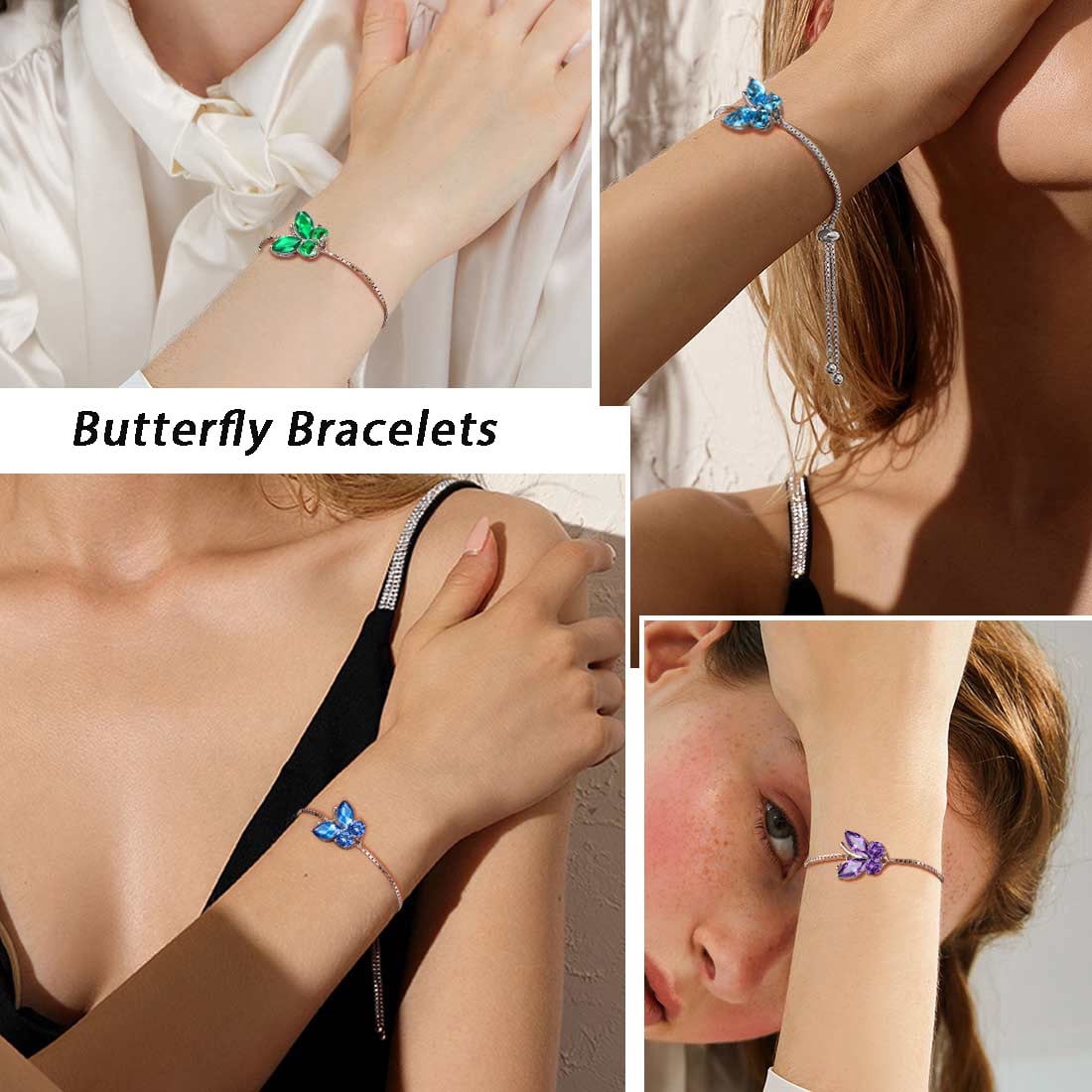 March Birthstone Bracelets Blue Butterfly Bracelet Aquamarine Crystal 925 Sterling Silver Jewelry Women Birthday Xmas Mother's Day Gift