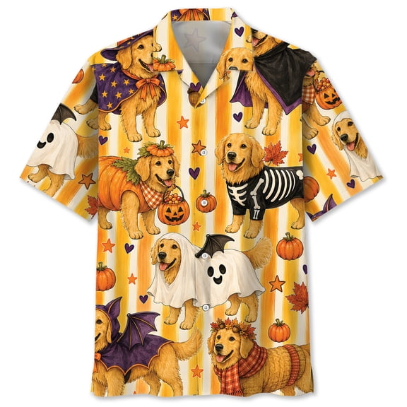 DIQADILA Golden Retriever Halloween Hawaiian Shirt Short-Sleeve for Men