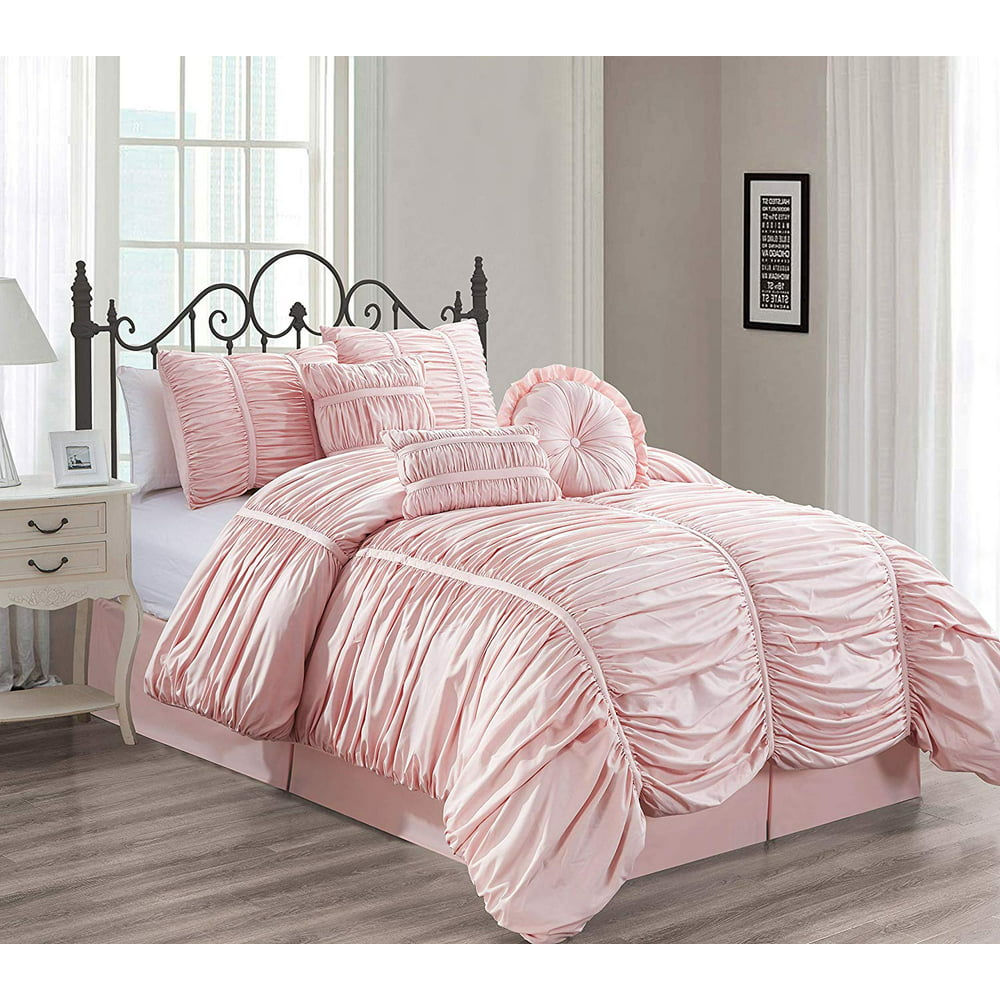 Unique Home Chic Comforter Set 7 Piece Collections Bed Set Pink Ruffle Design Style Bedding