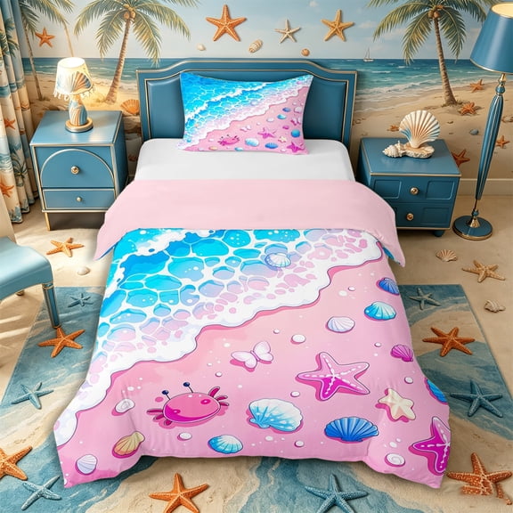 Castle Fairy Cute Pastel Beach Shore Scene Twin Duvet Cover,Seashell Crab Wave Kids Pattern Twin Bedding,Pink Cyan,Pink Reversible,2pcs,No Comforter,1 Duvet Cover and 1 Pillowcase