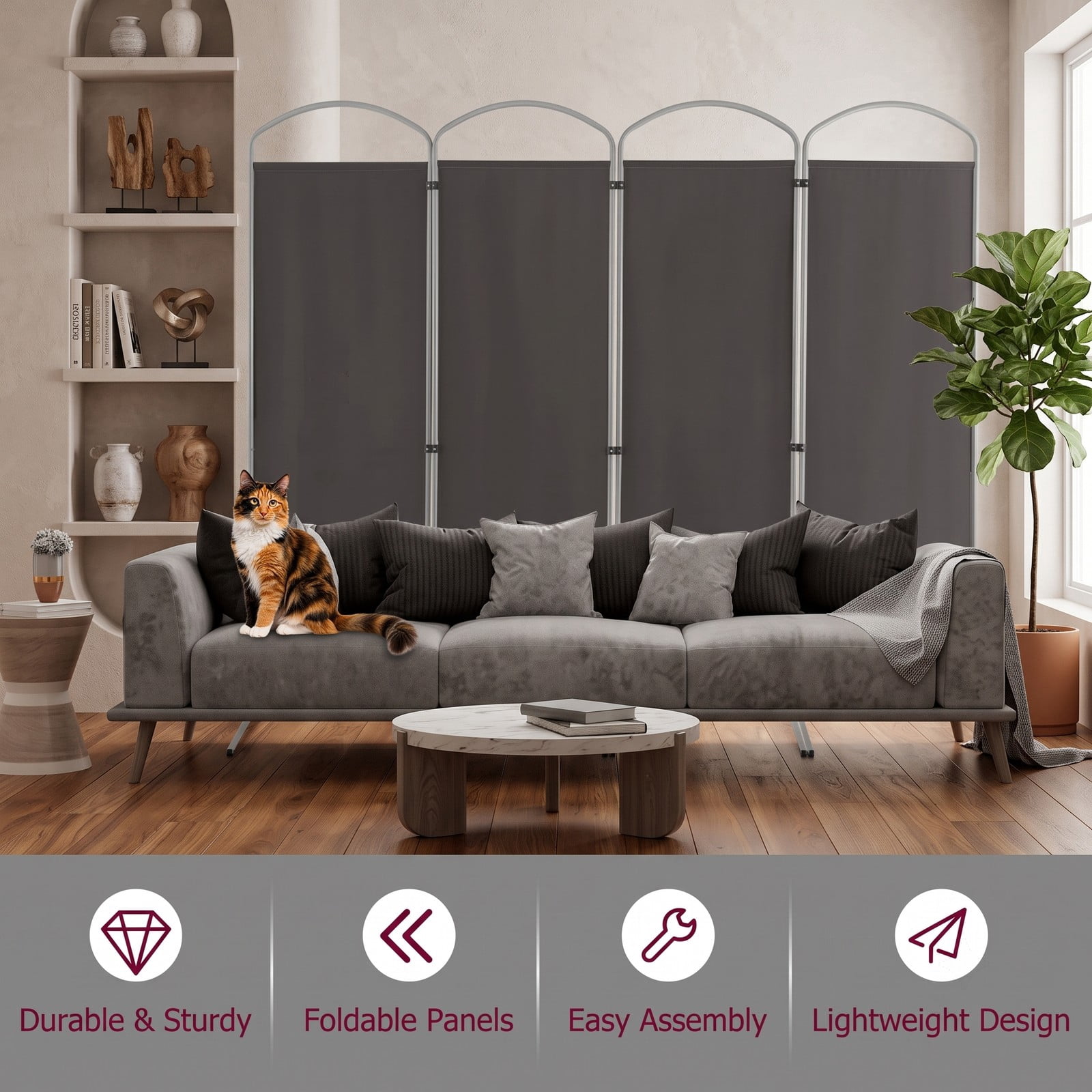 ALPULON 6.2Ft Folding 4-Panel Room Divider Freestanding Privacy Screen Partition for Home Office Living Room Bedroom, Polyester Fabric with Metal Base, Gray