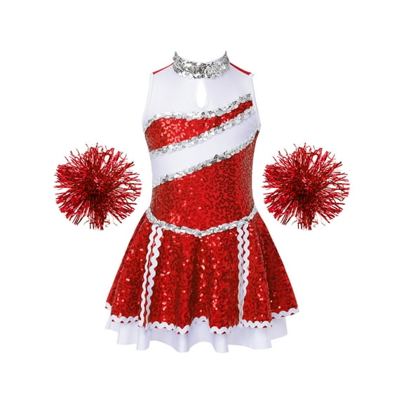 Aislor Girls Sequins Cheerleading Uniform Cheer Leader Outfits Performance Costume Dance Dress with Pom Poms Red 10