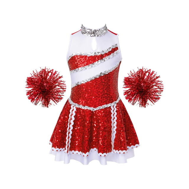 YiZYiF Enfants Filles Paillettes Sequins Uniforme Cheerleading Tenues de Cheerleading Robe de Performance Danse Robe Rouge 10