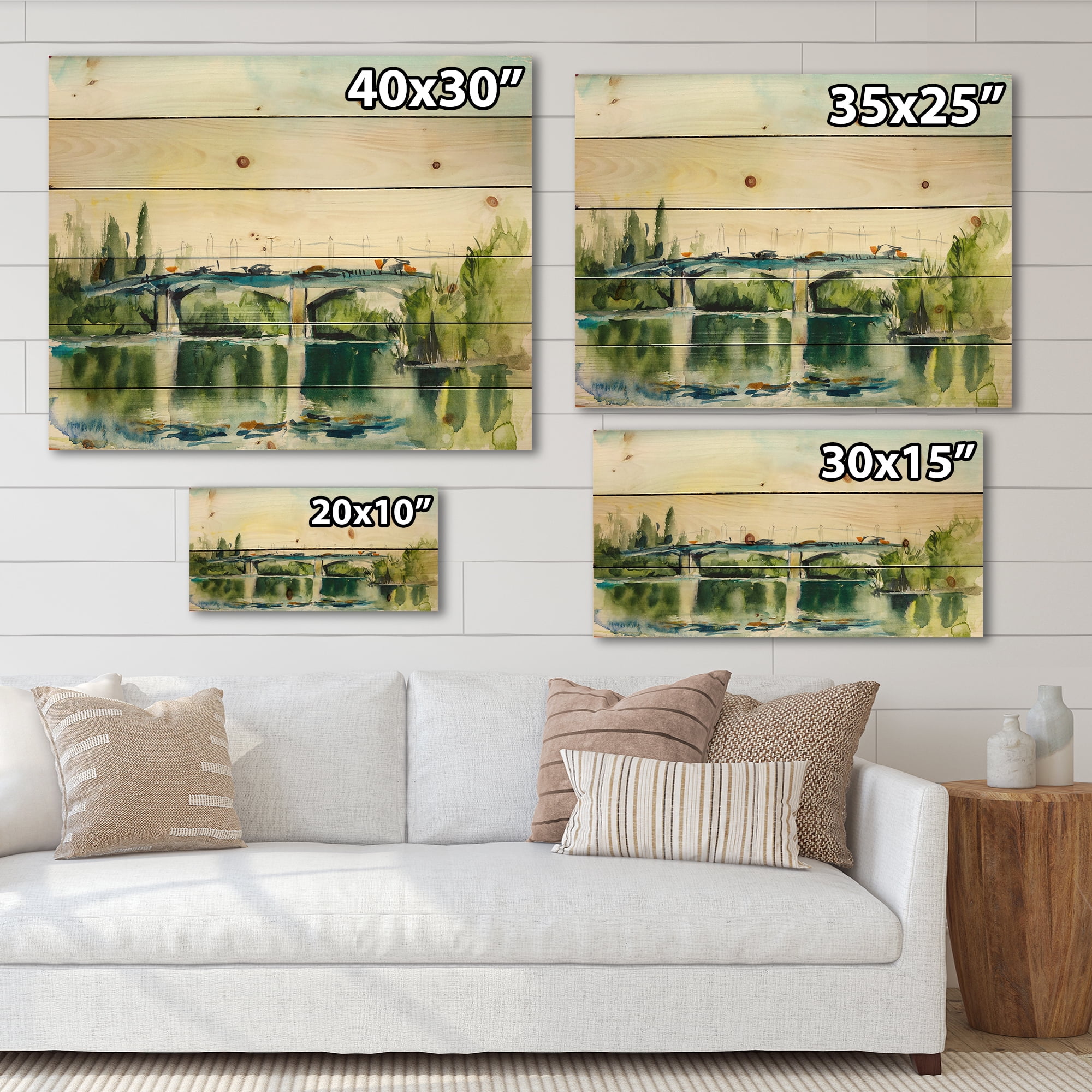 Designart 'Landscape With Old Bridge Over River In The Countryside' Traditional Print on Natural Pine Wood