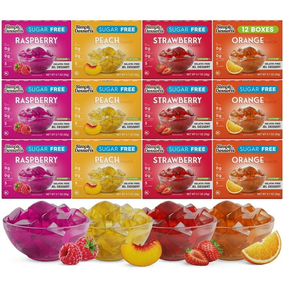 Simply Desserts Sugar-Free Jel Variety 12-Pack (Raspberry, Peach, Orange, Strawberry) — Vegan Dessert, Keto Snacks, Diabetic Friendly & Kosher, 1.7 Oz Ea