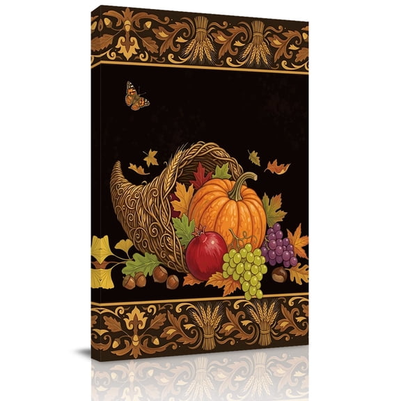 Canvas Wall Art, Harvest Pumpkins Fall Framed Canvas Prints for Living Room Dining Room, Maple Leaf Thanksgiving Black Extra Large Gallery Wrapped Wall Decor for Home Office, Gifts, 22"x28"