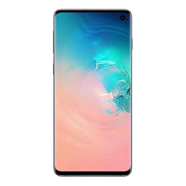 smartphone samsung galaxy s10 128 gb blanco desbloqueado vista frontal centrada con pantalla curva de 6.1 pulgadas y orificio para cámara frontal en esquina superior derecha; marco delgado y pantalla encendida con degradado; especificado con lector de huella y adecuado para ver multimedia y videollamadas.
