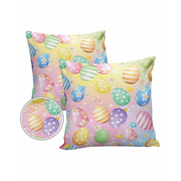Pack of 2 Outdoor Pillow Covers, Spring Easter Color Eggs with Flowers Waterproof Square Throw Pillowcase Cushion Decorative Pillow Covers for Couch Patio Tent, 16x16 in