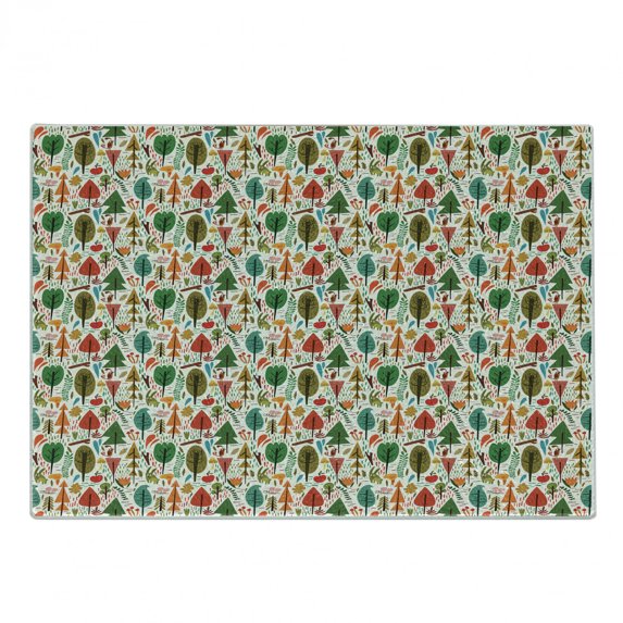 Tree Cutting Board, Concept Joyous Forest Animals and Plants Apples Mushrooms Trees and Rabbits, Decorative Tempered Glass Cutting and Serving Board, Small Size, Multicolor, by Ambesonne