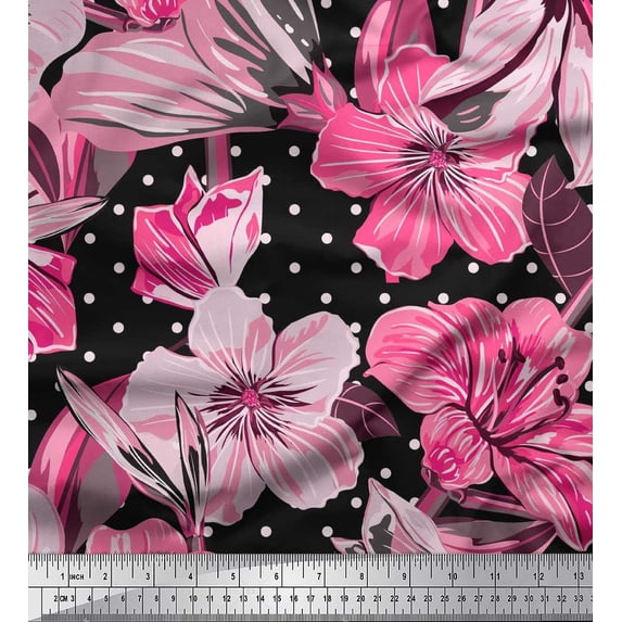 Soimoi Poly Georgette Fabric Dot & Lily Flower Print Sewing Fabric Yard 52 Inch Wide