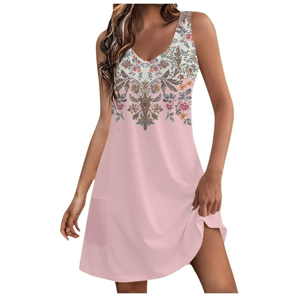 MKLEKYY Trajes De Baño Mujer Womens Summer Dresses 2024 Loose V Neck Sleeveless Swimsuit Coverup With Pockets Floral/Plain/Eyelet
