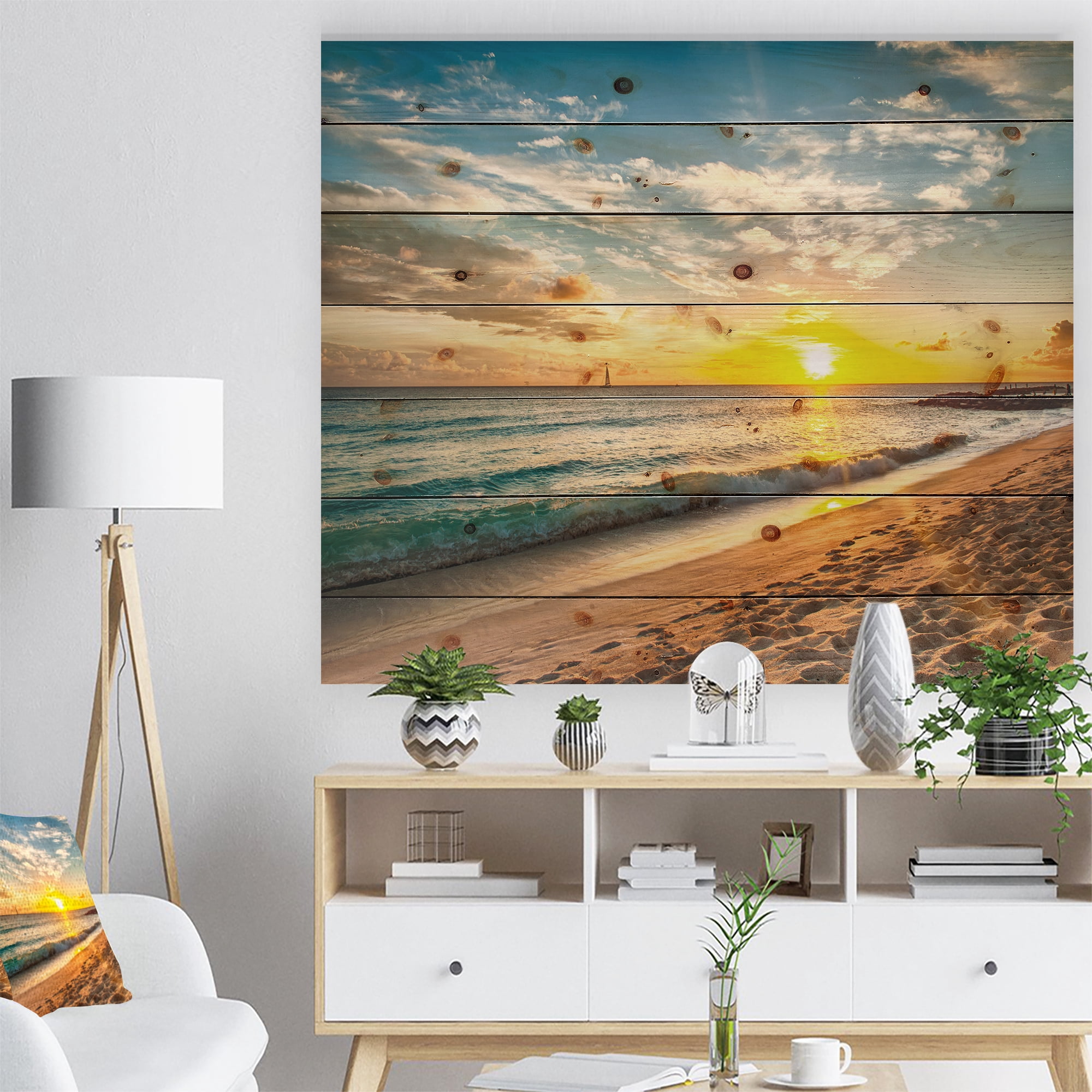 Designart 'White Beach in Island of Barbados' Modern Seascape Print on Natural Pine Wood