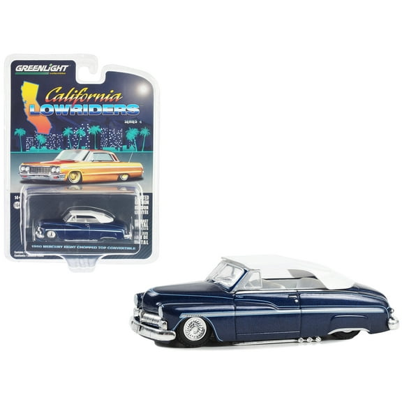 1950 Mercury Eight Chopped Convertible Lowrider Dark Blue Met w/Light Blue & White Top 1/64 Diecast Model Car by Greenlight