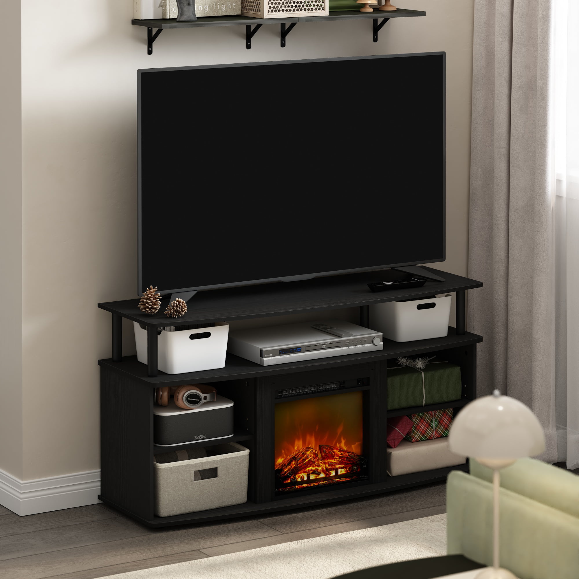 Furinno Jensen Open Shelving Storage Fireplace Entertainment Center for TV up to 55 Inch, Americano/Black
