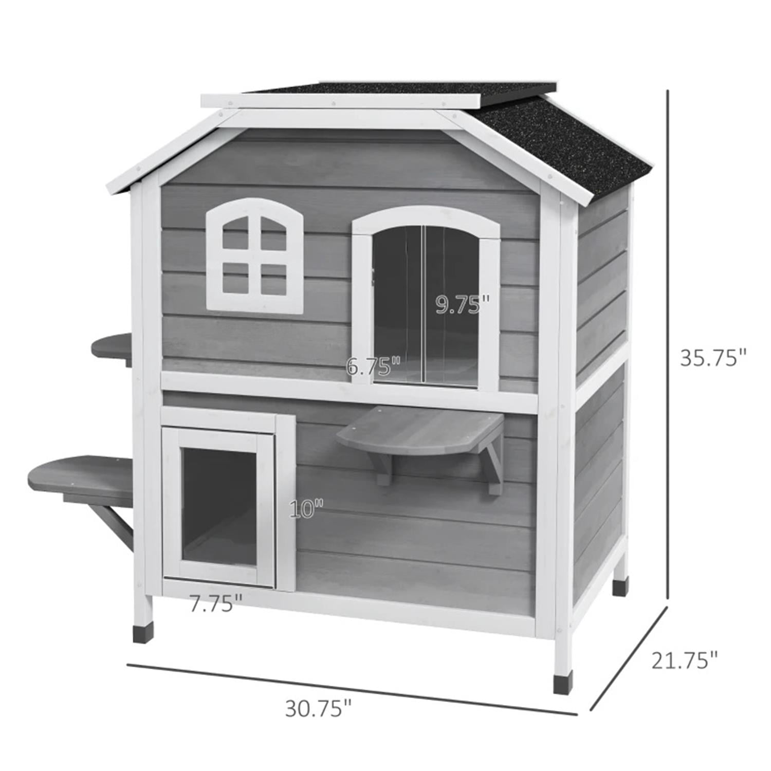 Pefilos 35" Wooden Cat House 2-Story Indoor Outdoor Luxurious Cat Shelter with Jumping Platforms, Openable Weatherproof Roof, Escape Door, Gray