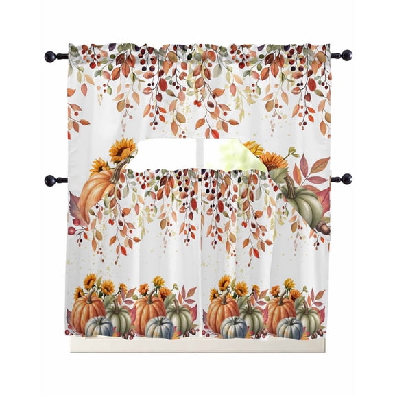 Vintage Pumpkins Fall Swag Curtains for Living Room/Bedroom Windows, Thanksgiving Eucalyptus Leaves Falling Kitchen Curtains and Valances Set 36 Inch Length, Swags Valance Curtain Panels