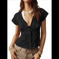 thumbnail image 3 of Blusa de Encaje con Cuello en V para Mujer, Corta, Fruncida, Ropa de Verano para Vacaciones Negro L, 3 of 8