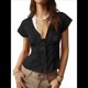 thumbnail image 3 of Blusa de Encaje con Cuello en V para Mujer, Corta, Fruncida, Ropa de Verano para Vacaciones Negro L, 3 of 8