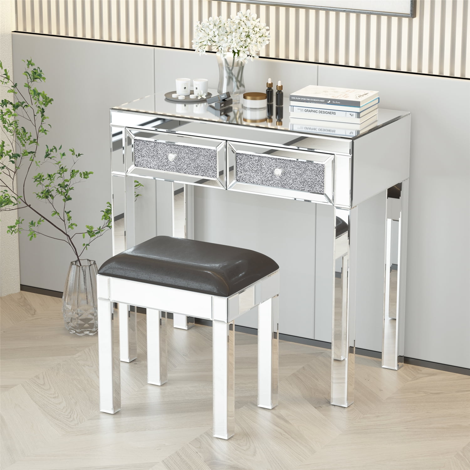 Private Jungle 2 Piece Home Furnishing Mirrored Vanity Table Set with Stool,Silver Private Jungle 2 Piece Home Furnishing Mirrored Vanity Table Set with Stool,Silver