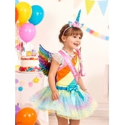 SANMIO 9-Piece Girls Birthday Unicorn Costume Outfit Kids Dress Set Rainbow Striped Ruffled Top, Tulle Puffy Skirt & Unicorn Headband Accessory Set