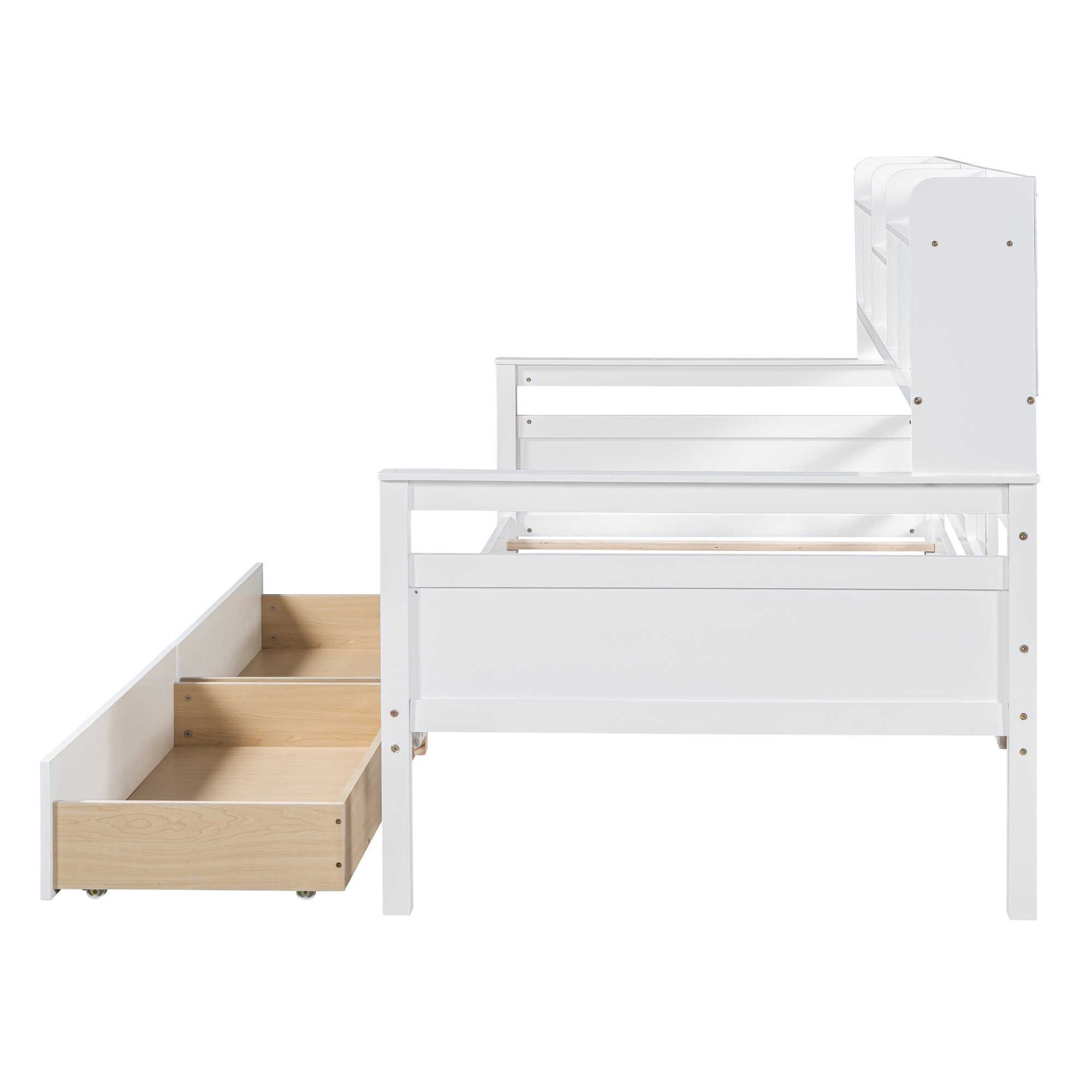 AENKYO Twin Size Wooden Daybed Bed Frame with 2 Storage Drawers and Headboard Shelf, Solid Wood Sofa Bed, White