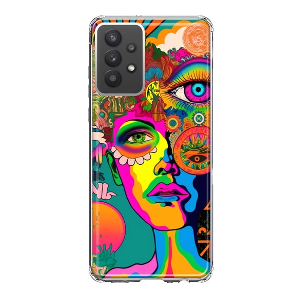 MUNDAZE Samsung Galaxy A32 Shockproof Clear Hybrid Protective Phone Case Neon Psychedelic Hippie One Eye Pop Art Cover