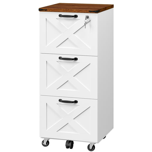 3 Drawer File Cabinet with Lock, Farmhouse Office Cabinet, Wooden Tall Mobile Filing Cabinet Fits A4 and Letter-Size File Folder, Printer Stand, for Home Office, White and Walnut WH93WJ01