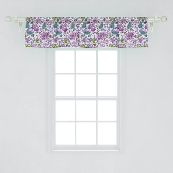 Ambesonne Botanical Window Valance, Floral Theme Colorful Flowers and Leaves with Blue Berries, Curtain Valance for Kitchen Bedroom Decor with Rod Pocket, 54" X 12", Dark Seafoam and Pale Purple