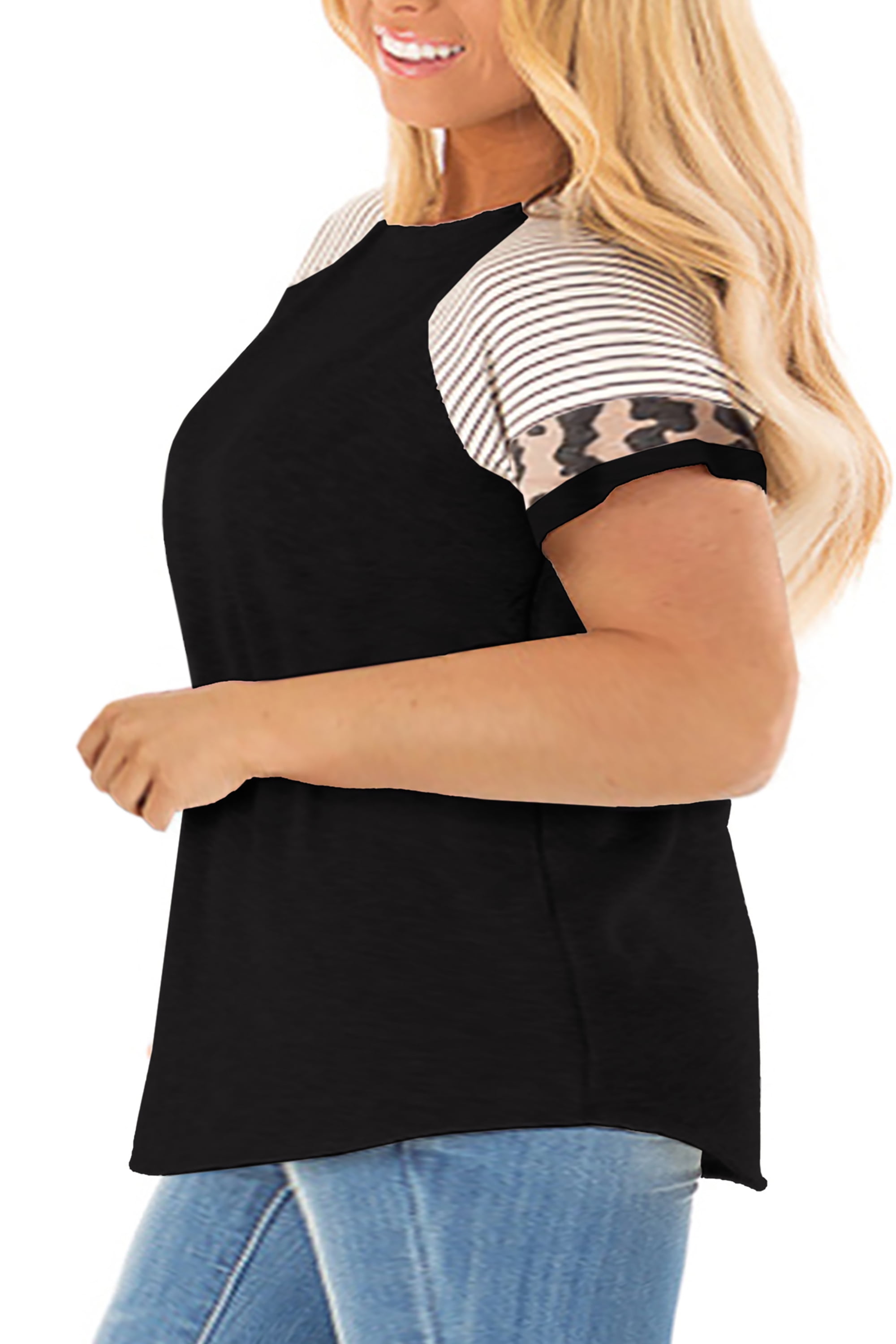 LANREMON Womens Plus Size Tops Leopard Tunic Tops Crewneck T Shirts Short Sleeve Color Block Blouse 