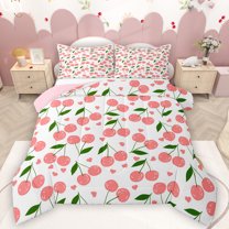 Homewish Kawaii Loves Pattern Queen Comforter Set,Cute Cartoon Cherries Bedding Sets,Pink White Green Bedding Comforter Set For Girls Kids,Breathable Home Decor Reversible,3 Pieces