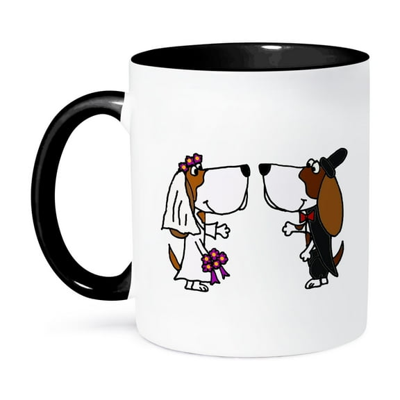 3dRose, Funny Basset Hound Dogs Bride and Groom Wedding Cartoon, 11oz Two-Tone Black Mug