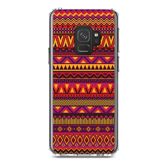 DistinctInk Clear Shockproof Hybrid Case for Samsung Galaxy S9 (5.8" Screen) - TPU Bumper, Acrylic Back, Tempered Glass Screen Protector - Purple Red Yellow Tribal Print