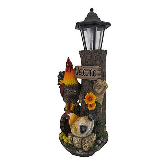 Rooster Family Solar LED Lantern Statue and Welcome Sign