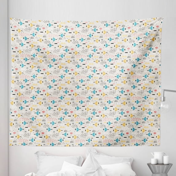 Jungle Cartoon Tapestry, Continuous Doodle Birds Scandinavian Style Ornaments Pattern, Fabric Wall Hanging Decor for Bedroom Living Room Dorm, 5 Sizes, Eggshell and Multicolor, by Ambesonne