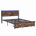 thumbnail image 4 of PAPROOS Full Size Bed Frame, Metal Platform Bed with Wooden Storage Headboard, 2 drawers, Charging Station, LED Light, No Box Spring Needed, Brown+Black, 4 of 11